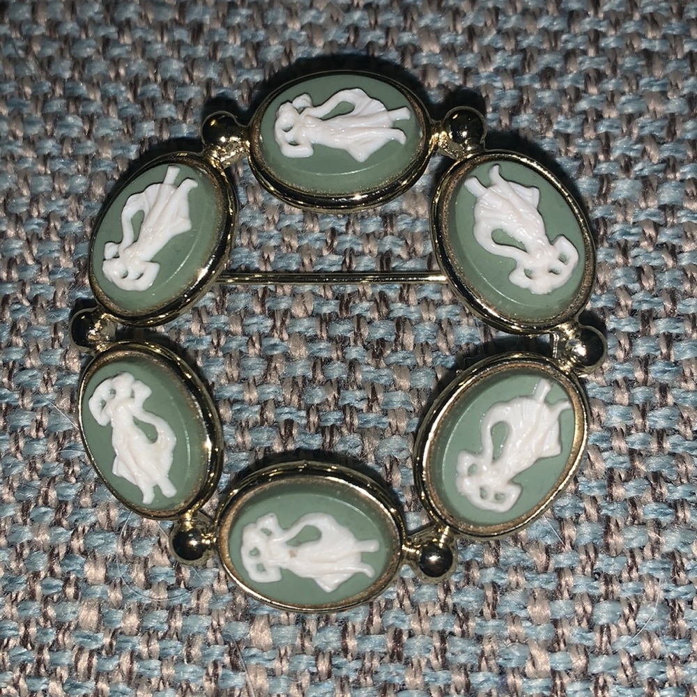 VINTAGE CAMEO BROOCH  silver-toned. Cameos look green but they’re blue